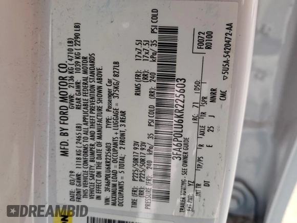 2019 Ford Fusion Hybrid SE with VIN 3FA6P0LU6KR225603, listed as a Copart auction lot 37621353 with 70,279 mi miles. Bid and sale history available at carsss.com. Image 12.