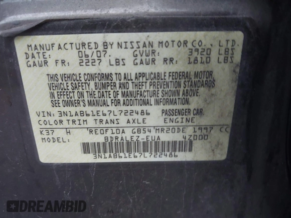 2007 Nissan Sentra 2.0 with VIN 3N1AB61E67L722486, listed as a IAAI auction lot 41247039 with 140,043 mi miles and . Bid and sale history available at DreamBid. Image 9.