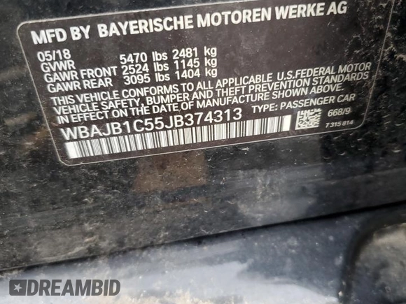 2018 BMW 5 Series 530e xDrive with VIN WBAJB1C55JB374313, listed as a Copart auction lot 62969295 with 70,596 mi miles and Clean title. Bid and sale history available at DreamBid. Image 12.
