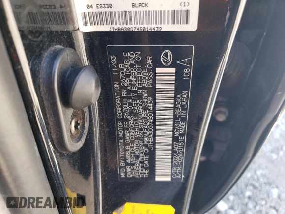2004 Lexus ES 350 with VIN JTHBA30G745014439, listed as a Copart auction lot 50209995 with 219,268 mi miles and Salvage Title. Bid and sale history available at DreamBid. Image 12.