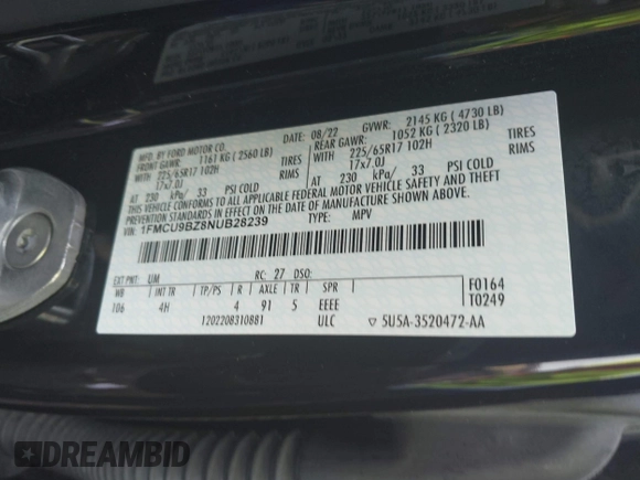 2022 Ford Escape SE Hybrid with VIN 1FMCU9BZ8NUB28239, listed as a IAAI auction lot 42153131 with 64,000 mi miles and . Bid and sale history available at DreamBid. Image 9.