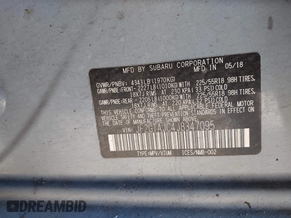 2018 Subaru Crosstrek Limited with VIN JF2GTAJC4J8347095, listed as a IAAI auction lot 42098054 with Not provided miles and . Bid and sale history available at DreamBid. Image 9.