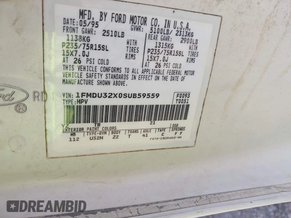 1995 Ford Explorer XL с VIN 1FMDU32X0SUB59559, выставлен на аукционе IAAI как лот 42403039 с пробегом 362 695 миль миль и . История ставок и продаж доступна на DreamBid. Изображение 9.