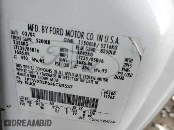2004 Ford F-350 XL with VIN 1FTWX33P64EC85537, listed as a Copart auction lot 54480415 with Not provided miles and Salvage title. Bid and sale history available at DreamBid. Image 12.