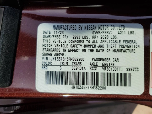 2024 Nissan Z Performance with VIN JN1BZ4BH5RM362200, listed as a Copart auction lot 53804935 with 14,230 mi miles and Salvage Title. Bid and sale history available at DreamBid. Image 12.