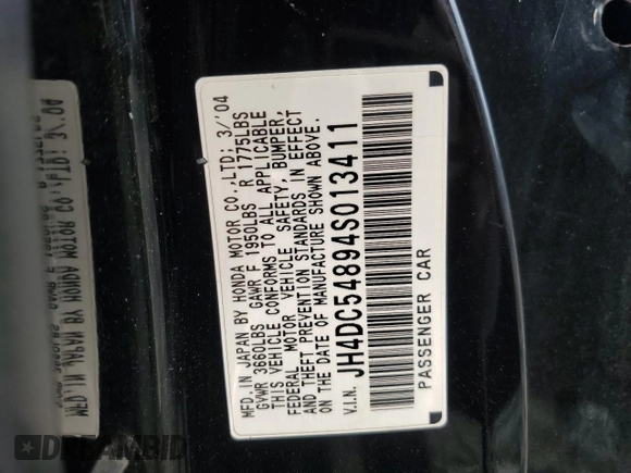 2004 Acura RSX with VIN JH4DC54894S013411, listed as a Copart auction lot 69472294 with 181,970 mi miles and Salvage Title. Bid and sale history available at carsss.com. Image 12.