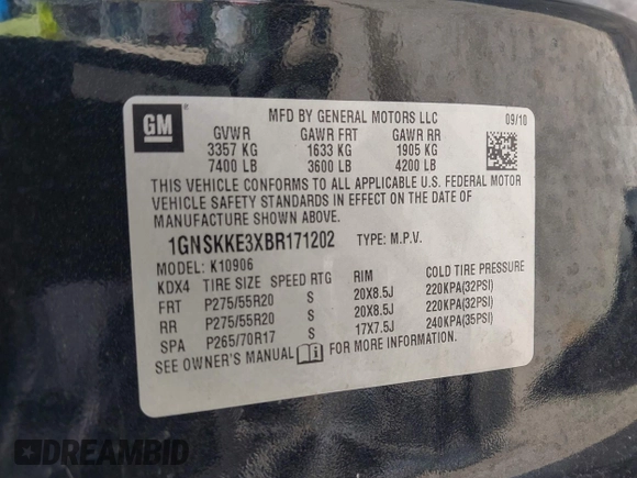 2011 Chevrolet Suburban LTZ with VIN 1GNSKKE3XBR171202, listed as a IAAI auction lot 42130901 with 177,035 mi miles. Bid and sale history available at carsss.com. Image 9.