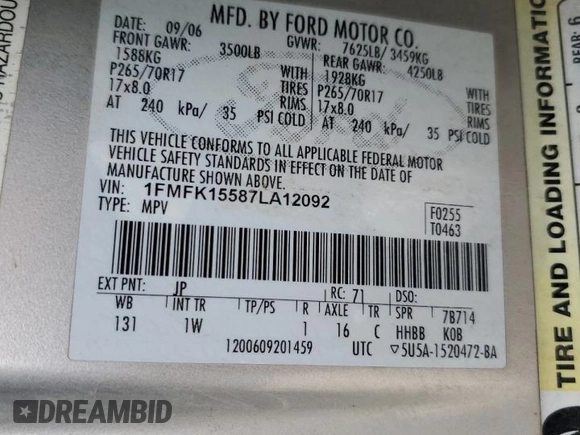 2007 Ford Expedition EL XLT with VIN 1FMFK15587LA12092, listed as a Copart auction lot 43553205 with 209,204 mi miles and Salvage Title. Bid and sale history available at carsss.com. Image 15.