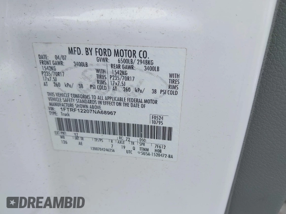 2007 Ford F-150 XL with VIN 1FTRF12207NA68967, listed as a IAAI auction lot 42454480 with 61,881 mi miles and . Bid and sale history available at DreamBid. Image 9.