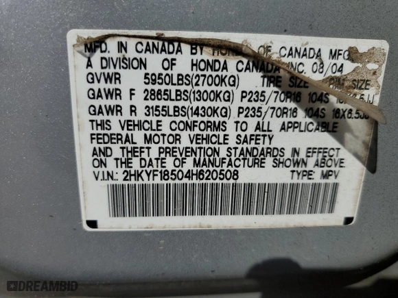 2004 Honda Pilot EX with VIN 2HKYF18504H620508, listed as a Copart auction lot 46861655 with 270,975 mi miles and Salvage Title. Bid and sale history available at carsss.com. Image 13.