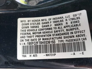 2017 Honda Civic Sedan EX with VIN 19XFC2F70HE036193, listed as a IAAI auction lot 41792742 with 56,957 mi miles. Bid and sale history available at carsss.com. Image 9.