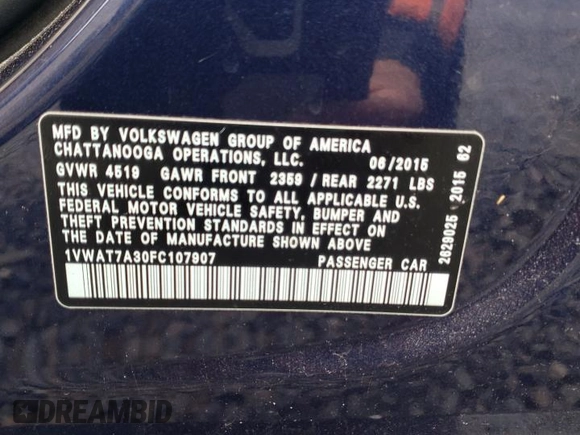 2015 Volkswagen Passat S with VIN 1VWAT7A30FC107907, listed as a Copart auction lot 53165615 with 196,059 mi miles and Clean title. Bid and sale history available at DreamBid. Image 12.