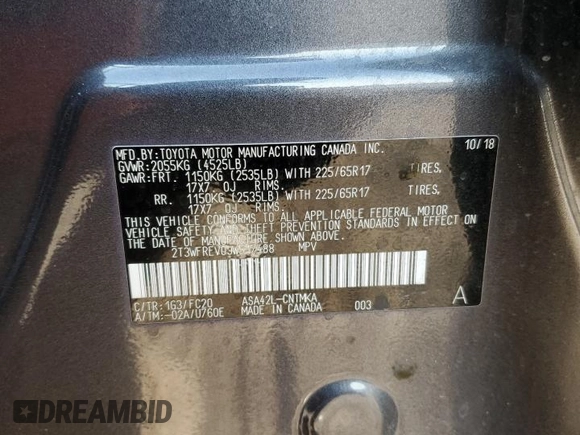 2018 Toyota RAV4 XLE with VIN 2T3WFREV0JW517488, listed as a Copart auction lot 51000975 with 68,105 mi miles and Salvage title. Bid and sale history available at DreamBid. Image 15.