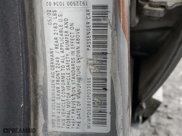 2003 Volkswagen Passat GLS with VIN WVWPD63B63P033986, listed as a Copart auction lot 43545515 with 0 mi miles and Salvage Title. Bid and sale history available at carsss.com. Image 12.