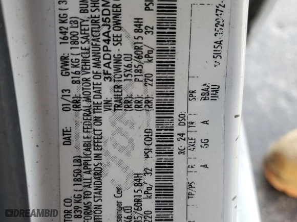 2013 Ford Fiesta S with VIN 3FADP4AJ5DM183867, listed as a Copart auction lot 49410745 with 0 mi miles and Salvage Title. Bid and sale history available at carsss.com. Image 12.