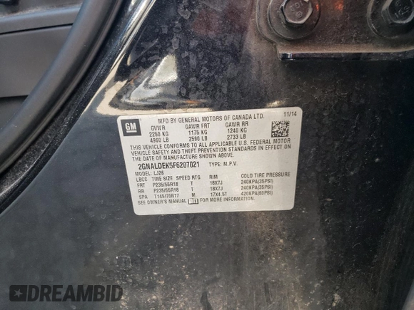 2015 Chevrolet Equinox LTZ with VIN 2GNALDEK5F6207021, listed as a Copart auction lot 59947983 with Not Provided miles and Clean Title. Bid and sale history available at carsss.com. Image 14.