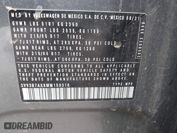2021 Volkswagen Tiguan SE z VIN 3VV3B7AX8MM159316, wystawiony jako IAAI lot #42525546 z przebiegiem 70 141 mil mil oraz . Historia ofert i sprzedaży dostępna na DreamBid. Obrazek 9.