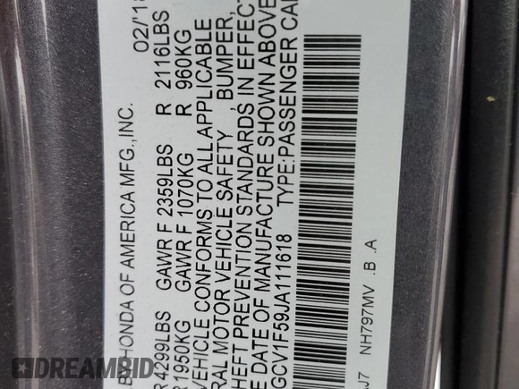 2018 Honda Accord EX-L z VIN 1HGCV1F59JA111618, wystawiony jako Copart lot #56922785 z przebiegiem 51 796 mil mil oraz Szkoda całkowita • Salvage title. Historia ofert i sprzedaży dostępna na DreamBid. Obrazek 12.