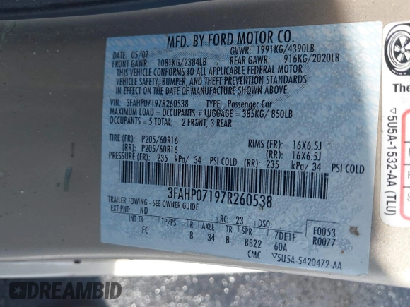 2007 Ford Fusion SE with VIN 3FAHP07197R260538, listed as a IAAI auction lot 41931335 with 160,417 mi miles. Bid and sale history available at carsss.com. Image 9.