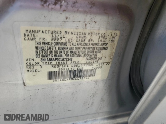 2012 Nissan Sentra S with VIN 3N1AB6AP0CL672342, listed as a Copart auction lot 55215965 with Not provided miles and Salvage title. Bid and sale history available at DreamBid. Image 12.