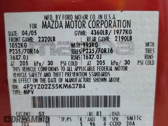 2005 Mazda Tribute i with VIN 4F2YZ02Z55KM63784, listed as a Copart auction lot 82362674 with Not Provided miles and Salvage Title. Bid and sale history available at carsss.com. Image 13.