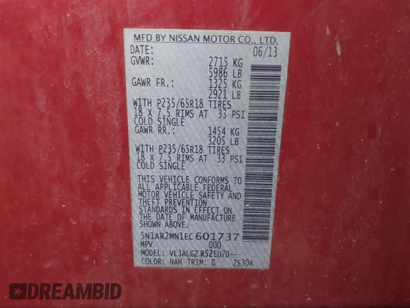 2014 Nissan Pathfinder Platinum с VIN 5N1AR2MN1EC601737, выставлен на аукционе IAAI как лот 41465002 с пробегом 48 190 миль миль и . История ставок и продаж доступна на DreamBid. Изображение 9.