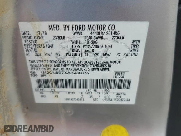 2010 Mercury Mariner with VIN 4M2CN8B7XAKJ30875, listed as a Copart auction lot 59964305 with 117,799 mi miles and Salvage title. Bid and sale history available at DreamBid. Image 13.