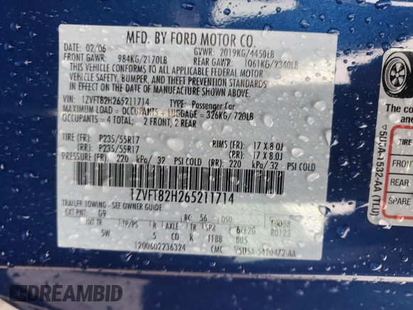2006 Ford Mustang GT Deluxe с VIN 1ZVFT82H265211714, выставлен на аукционе Copart как лот 59551095 с пробегом 101 057 миль миль и Списание • Salvage title. История ставок и продаж доступна на DreamBid. Изображение 13.