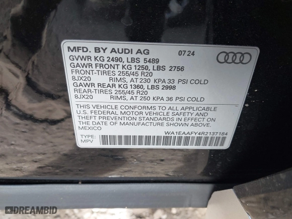2024 Audi Q5 S line Premium Plus with VIN WA1EAAFY4R2137184, listed as a IAAI auction lot 40832920 with 1,426 mi miles. Bid and sale history available at carsss.com. Image 9.