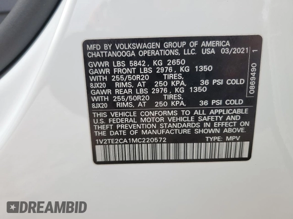 2021 Volkswagen Atlas SEL Premium z VIN 1V2TE2CA1MC220572, wystawiony jako Copart lot #61960534 z przebiegiem 35 929 mil mil oraz Szkoda całkowita • Salvage title. Historia ofert i sprzedaży dostępna na DreamBid. Obrazek 13.