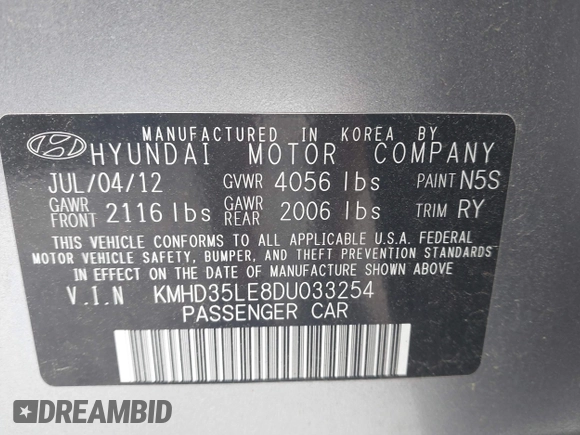 2013 Hyundai Elantra GT with VIN KMHD35LE8DU033254, listed as a IAAI auction lot 41956469 with 98,484 mi miles. Bid and sale history available at carsss.com. Image 9.