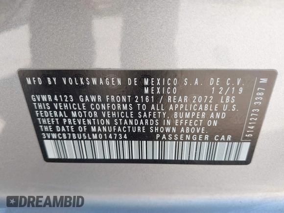 2020 Volkswagen Jetta S with VIN 3VWCB7BU5LM014734, listed as a IAAI auction lot 41824919 with 43,282 mi miles and . Bid and sale history available at DreamBid. Image 9.