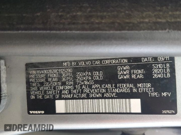 2012 Volvo XC70 T6 with VIN YV4902BZ8C1125290, listed as a Copart auction lot 48926215 with 172,225 mi miles and Clean Title. Bid and sale history available at DreamBid. Image 12.