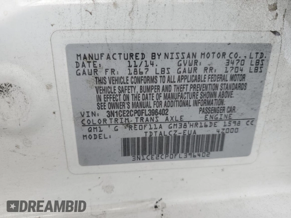 2015 Nissan Note SV with VIN 3N1CE2CP0FL396402, listed as a Copart auction lot 56957015 with 126,195 mi miles and Clean title. Bid and sale history available at DreamBid. Image 12.