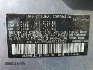 2024 Subaru Legacy Limited with VIN 4S3BWAN68R3022334, listed as a Copart auction lot 47479605 with Not provided miles and Salvage title. Bid and sale history available at DreamBid. Image 13.