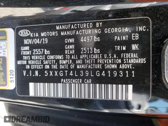 2020 Kia Optima LX with VIN 5XXGT4L39LG419311, listed as a Copart auction lot 61832135 with 34,387 mi miles and Salvage title. Bid and sale history available at DreamBid. Image 13.