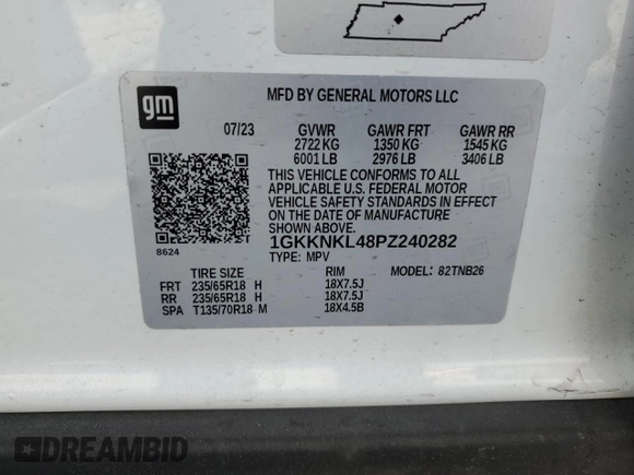 2023 GMC Acadia SLE z VIN 1GKKNKL48PZ240282, wystawiony jako Copart lot #49309235 z przebiegiem 31 447 mil mil oraz Szkoda całkowita • Salvage title. Historia ofert i sprzedaży dostępna na DreamBid. Obrazek 14.