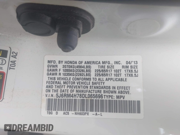 2013 Honda CR-V EX-L with VIN 5J6RM4H78DL065696, listed as a IAAI auction lot 42376045 with 83,216 mi miles and . Bid and sale history available at DreamBid. Image 9.