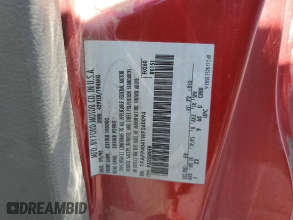 1998 Ford Mustang with VIN 1FAFP4041WF260094, listed as a Copart auction lot 60532955 with 162,633 mi miles and Salvage title. Bid and sale history available at DreamBid. Image 13.