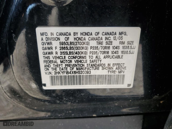 2006 Honda Pilot EX with VIN 2HKYF184X6H520393, listed as a Copart auction lot 48370305 with 168,306 mi miles and Salvage Title. Bid and sale history available at carsss.com. Image 14.