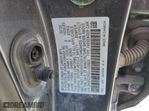 2020 Honda Civic LX z VIN 2HGFC2F63LH538928, wystawiony jako Copart lot #48202695 z przebiegiem 46 390 mil mil oraz Szkoda całkowita • Salvage title. Historia ofert i sprzedaży dostępna na DreamBid. Obrazek 15.