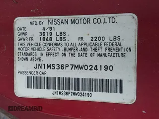 1991 Nissan 240SX SE Limited Edition z VIN JN1MS36P7MW024190, wystawiony jako IAAI lot #41892861 z przebiegiem 147 158 mil mil oraz . Historia ofert i sprzedaży dostępna na DreamBid. Obrazek 9.