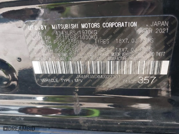 2021 Mitsubishi Outlander Sport ES with VIN JA4ARUAUXMU027301, listed as a IAAI auction lot 41662408 with 80,260 mi miles. Bid and sale history available at carsss.com. Image 9.