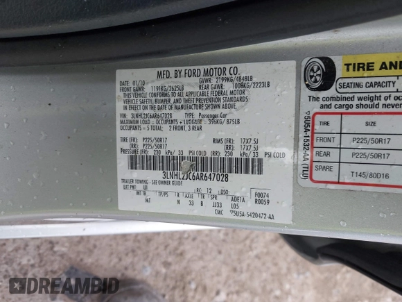 2010 Lincoln MKZ with VIN 3LNHL2JC6AR647028, listed as a IAAI auction lot 42241493 with 151,175 mi miles and . Bid and sale history available at DreamBid. Image 9.