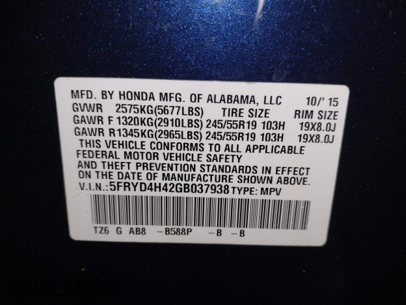 2016 Acura MDX w/Tech with VIN 5FRYD4H42GB037938, listed as a IAAI auction lot 41913723 with 109,547 mi miles. Bid and sale history available at carsss.com. Image 9.