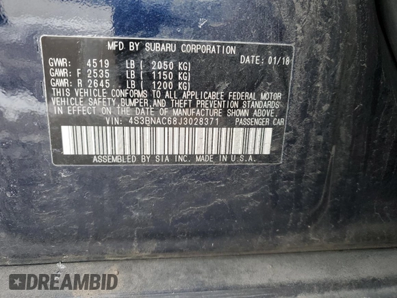 2018 Subaru Legacy Premium with VIN 4S3BNAC68J3028371, listed as a Copart auction lot 38176984 with 153,674 mi miles. Bid and sale history available at carsss.com. Image 13.