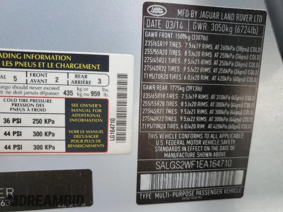 2014 Land Rover Range Rover HSE with VIN SALGS2WF1EA164710, listed as a Copart auction lot 59882265 with 138,163 mi miles and Salvage title. Bid and sale history available at DreamBid. Image 13.
