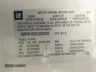2007 Chevrolet Suburban LT with VIN 1GNFK16327J350303, listed as a IAAI auction lot 42413524 with 215,353 mi miles and . Bid and sale history available at DreamBid. Image 9.