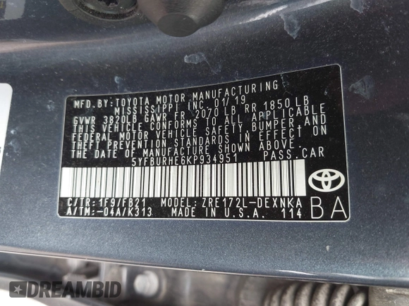 2019 Toyota Corolla L with VIN 5YFBURHE6KP934951, listed as a IAAI auction lot 42000940 with 92,794 mi miles and . Bid and sale history available at carsss.com. Image 9.