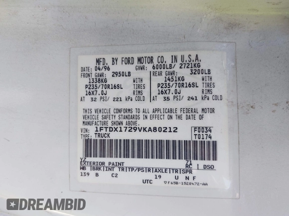 1997 Ford F-150 с VIN 1FTDX1729VKA80212, выставлен на аукционе IAAI как лот 42218469 с пробегом 248 225 миль миль и . История ставок и продаж доступна на DreamBid. Изображение 9.